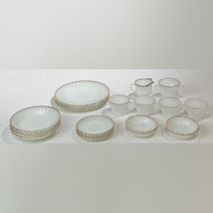 Vintage 1950s Fire King Swirl Anniversary Milk Glass Dishes with Gold Gilt Trim